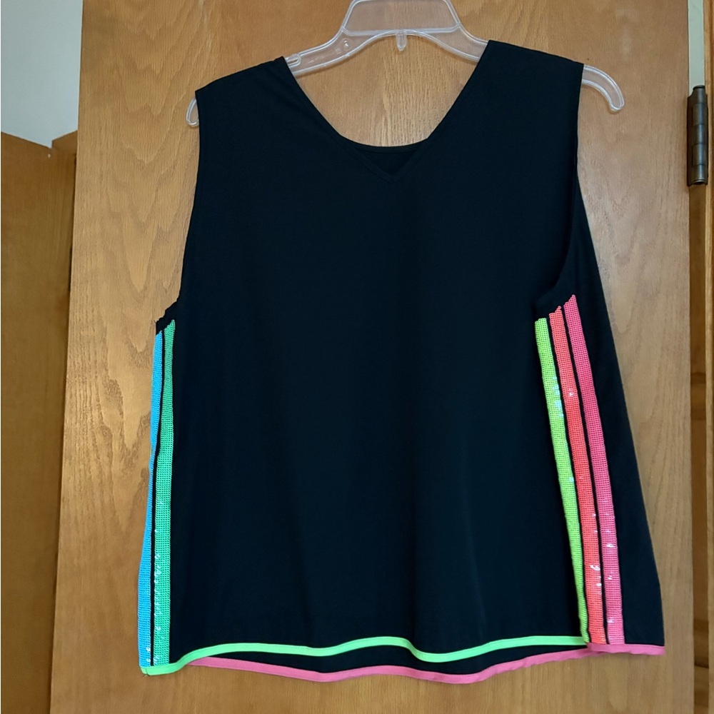 NWOT Queen of Sparkles black rainbow top with colorful sequin sides XL